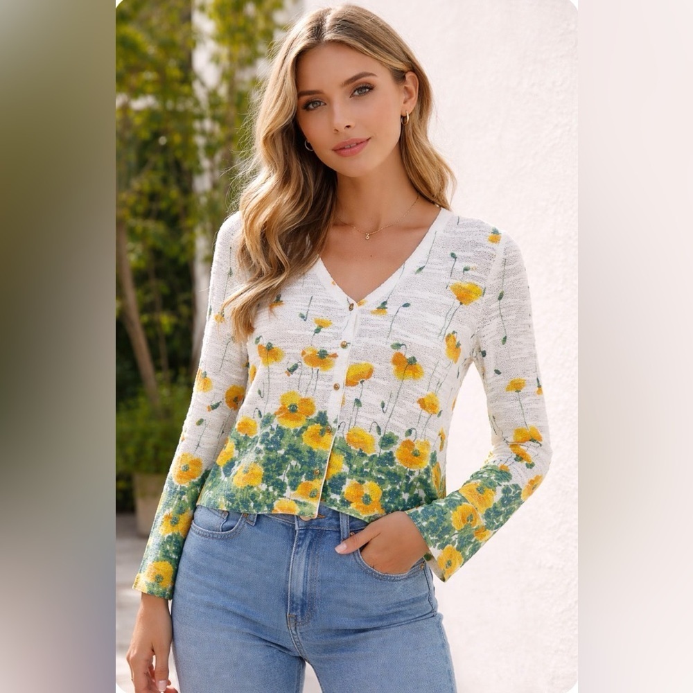 Vintage ST. John Sport Top Cardigan Knit Floral V-Neck Button